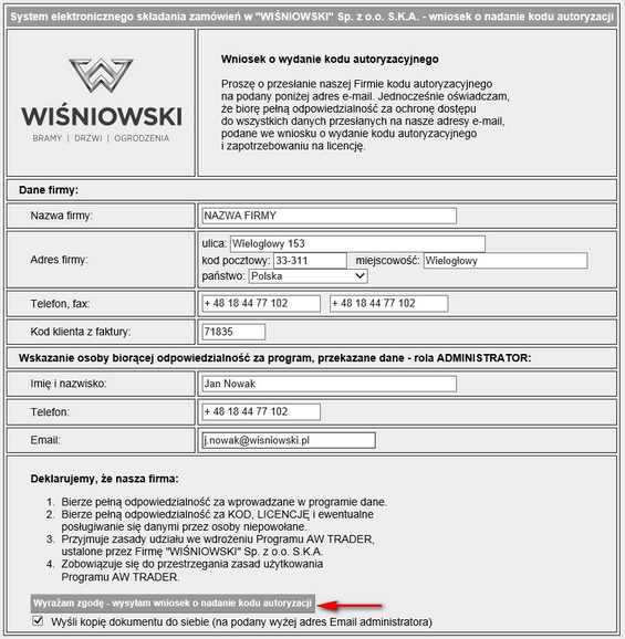 Wypełnianie wniosku o nadanie kodu autoryzacji
