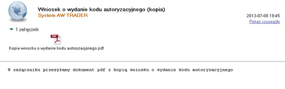 E-mail z kopią wniosku o nadanie kodu autoryzacji