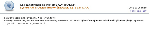 E-mail z kodem autoryzacji